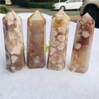 High Quality Natural Crystal  Crafts Flower Agate Point Healing Cherry Blossom Agate Point Wand for  Decoration