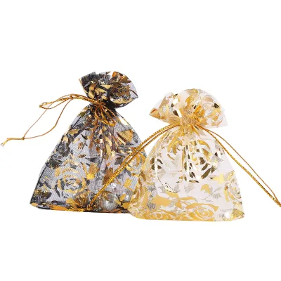 Linna Gold Hot Stamping Rose Printed Organza Pouch with Drawstring 7*9cm Custom Colors & Sizes for Jewelry Gift Craft Packaging