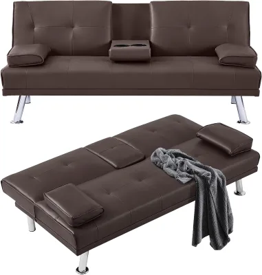 Folding Space-saving Sofa Couch with 2 Hidden Coffee Cup Holders Leather Fabric Backrest with 3 Position Adjustment Lounge Chair