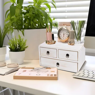 White Wooden Desk Organizer With Three Drawers for Office Stationery Storage and Home Desktop Clutter Management