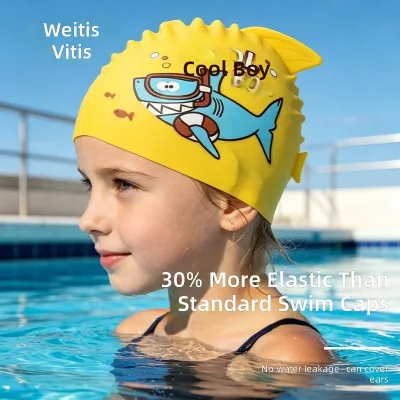369 JW-YY109 Children's Silicone Swim Cap 50g Anti Slip Yellow Shark Logo Printed Cartoon Waterproof OPP Bag