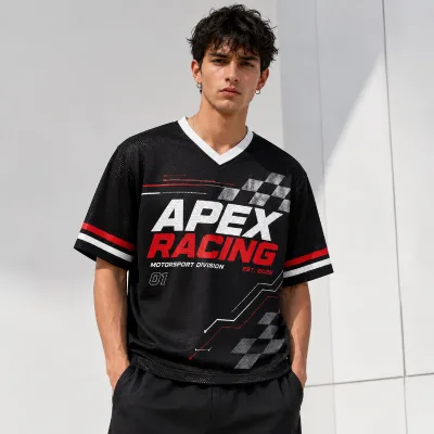 Custom Racing Mesh Jersey Full Sublimation Printed Motorsport Team Shirt V Neck Personalized Logo Number