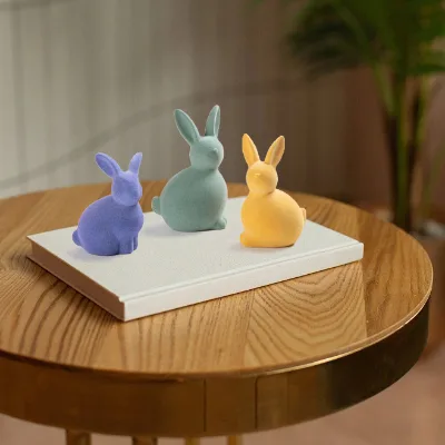 Wholesale Rabbit Supplies Home Decor Chinese Pink Fluffy Cute Flocking Ceramic Easter Bunny