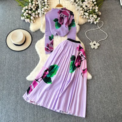 LE4372 Pleated Fashion Elegant 2-Piece Sets for Women Female Summer New Pleated Printed Top High Waist Skirt Set