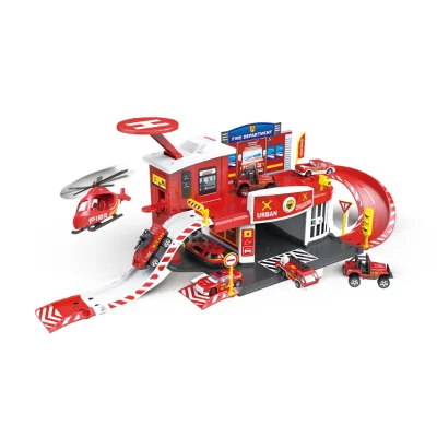 Kids Fire Truck Car Station Play Set Parking Lot Game Toy With Metal Car and Helicopter