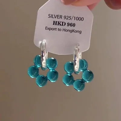 Blue Crystal Flower Hoop Earrings Luxury Niche High Grade Ear Cuff Elegant Versatile Aesthetic Women Ear Decor