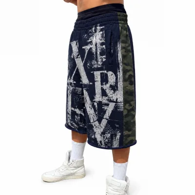 OEM Cotton 3/4 Baggy Sweat Shorts Custom Digital Printed Side Spliced Camo Contrast Design Streetwear Sweat Long Capris Shorts