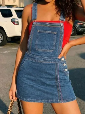 Women Denim Overall Dress Adjustable Strap Mini Jean Skirt Overalls Front Pocket Button Side Casual Summer Denim Jumper Skirt
