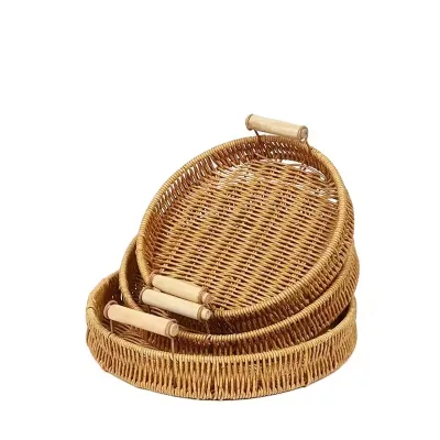 Handmade PP Rattan Bread Basket Serving Tray Home Decor Tabletop Fruit Vegetables Storage Basket with Handle Round Storage Tray