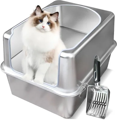 Stainless Steel Litter Cat Box With Metal Lid and Scoop Enclosed Cat Toilet Rust-Resistant Easy to Clean