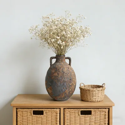 Wabi-sabi, Mediterranean/ Country Style Home Decor Pottery Vase with Distressed Finish Ancient Roman Amphora (two-handled Vase)