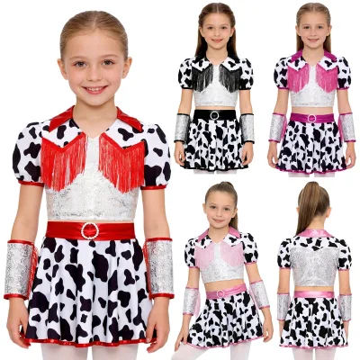 4-14 Girls Print Cowgirls Costumes Outfit Crop Top With Shorts Skirt And Cuffs Set For Dress-Up Parties Theme Events Performance