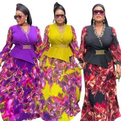 New Summer Plus Size Women's Asymmetrical Two-Piece Printed Dress African Cross-Border Fashion Export Abaya Style