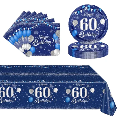 60-80 Pcs Navy Blue Silver 60th Birthday Paper Tableware Set with Napkins & Tablecloth Unisex Party Supplies