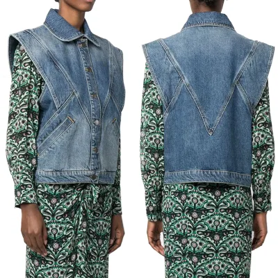 Denim Clothing Manufacturers Custom Light Blue Button up Denim Vest Women Sleeveless Panelled Denim Jean Jacket Coats Ladies