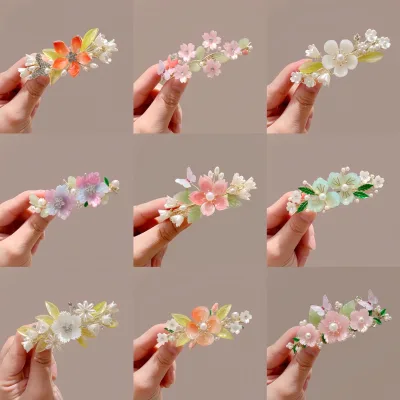 Women's Retro Elegant Colorful Flowers Leaves Butterflies Hair Clip Luxurious Rhinestone Shiny Butterfly Spring Clamp Hair Clip
