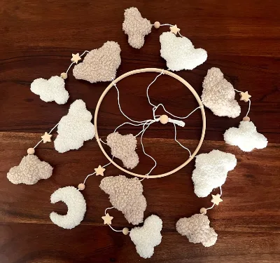 Baby Mobile Clouds Teddy Fabric Ecru Natural for Baby Crib Decoration