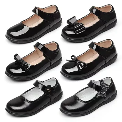 Girls Black Leather Performance Small Leather Shoes Children's and Students Soft Sole Anti-slip School Shoes
