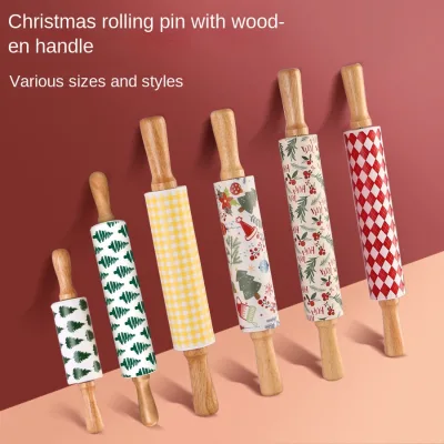 Household Christmas Tree Pattern Printing Wooden Handle Silicone Disposable Non-Stick Rolling Pin Baking Dumpling Skin Roller