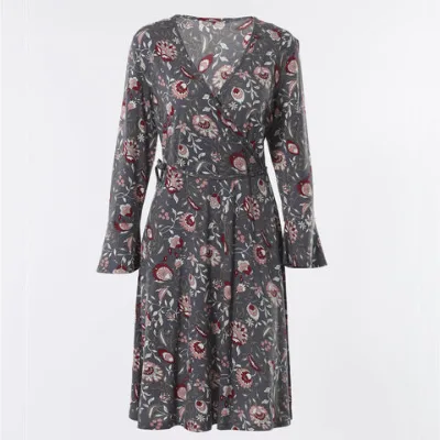OEM Manufacturer Women's Dresses Floral print Long Sleeve flare cuffs dress wrapped uppder front with ties midi dress