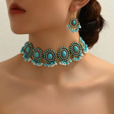 Vintage 2 Piece Jewelry Set Inlaid Turquoise Stone Match Daily Wear Party Accessories Women's Necklace Earrings Sets