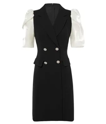 High Quality Half Sleeve V Neck Double-breasted Button Placket Flap Front Pockets Fashion Ladies Elegant Office Blazer Dress