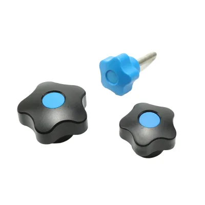 Plastic 5-Pointed Star Knob Rounded Lobe Handle ABS Nylon Blue Cap Brass Insert M6 M8 M10 for Fixture Jig Machine Tool Clamping