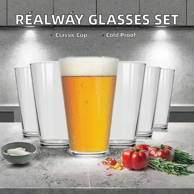GLEAM Sustainable Pilsner Glass Set 6-Piece 16 Oz Freezer Safe Classic Design for Iced Beer Margarita Juice Cocktail