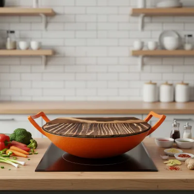 Enameled Cast Iron Chinese Wok Dual Handles Orange Enamel Coated Deep Cooking Wok For Induction Gas Stove