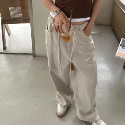 Summer Womens Drawstring MidWaist Wide Leg Jeans Straight Leg Washed Denim Jeans Khaki Pants