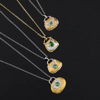 Italian Brushed Handmade Wallet Gemstone Pendant Necklace Silver Plated Gold Inlaid With Natural 18K Handbag Vintage 925 Silver