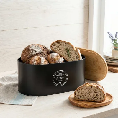 Carbon Steel Bread Box with Wood Lid Cutting Board Wholesale Bread Bin Storage Container and Organizer for Kitchen Countertop