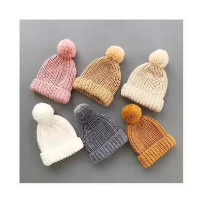 2022 New Style Warm Baby Winter Hats Cute Knit Hat for Baby With Same Color Pompom