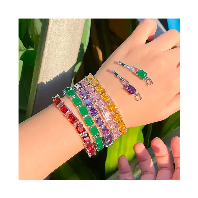 Brass Jewelry Color Cubic Zirconia Bangle Bracelets Iced Out Gemstone Tennis Bracelets for Women