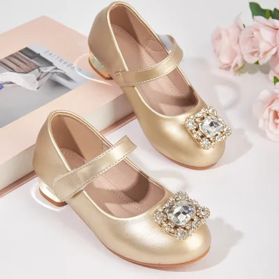 Girls' Ankle High Heel Shoes 2026 New Style Rhinestone Crystal Metal Buckle Fashion All-Match Small Leather Rubber Sole