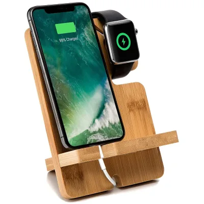 Bamboo Charger Dock Stand Multi Device Charging Station Organizer Holder for Smartphone Cellphone Mobile Phone