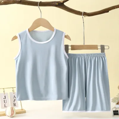 Summer Boys' Sleeveless Air Conditioning Vest Set Thin Modal Home Use; Kids' Ice Silk Pajamas Cartoon Pattern Knitted Tank Tops