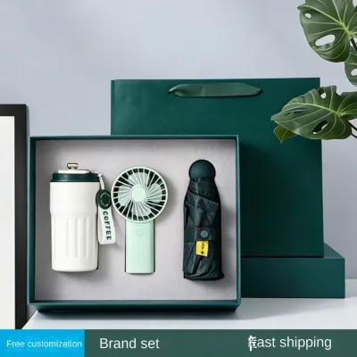 Premium YLF YLF-P091 Business Gift Set Modern Minimalist Style Coffee Mug Umbrella Power Bank Metallic PU Box Custom Logo