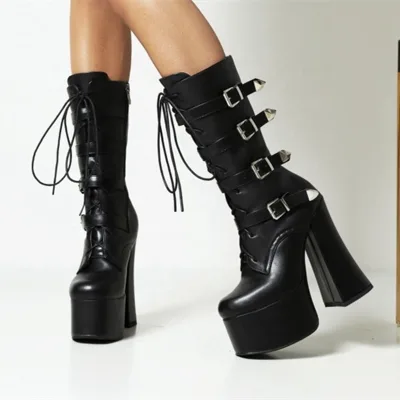 Metal Buckle Designer Shoes Comfortable Chunky Heel Platform Women's Boots Side Zip Black Calf Booty Customized Big Size 46