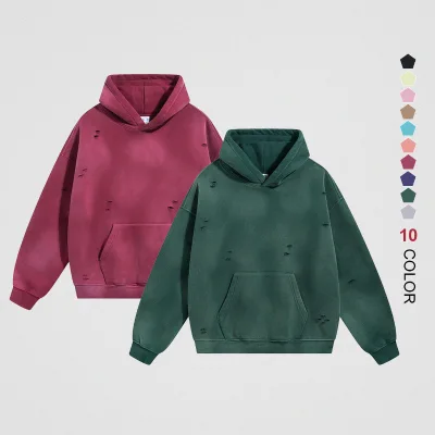 Factory Custom Logo 360gsm Vintage Washed Pullover Hoodie Heavyweight Oversized Distressed Hoodie