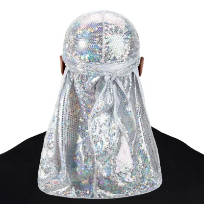 Men Hair Accessories White Shiny Sequin Durag Cap for Waves Head Wraps