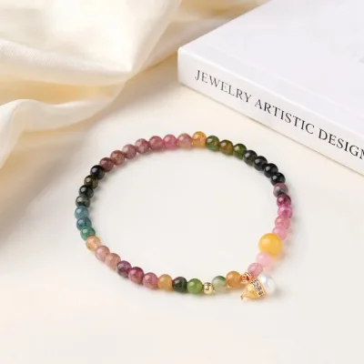 New Design 4mm Tourmaline Natural Stone Beads Bracelet,925 Silver Plated with Gold, Freshwater Pearl Gourd-shaped Bracelet