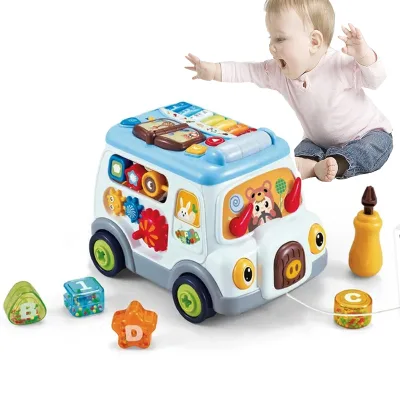 KK New Multi Function Pull Line Music Bus,Musical Bus Toy Set With Piano & Baby Shape Sorter,Baby Preschool Educational Bus Toy