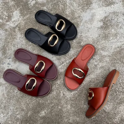 Wholesale 2026 Summer New Design Women's Big Buckle One- Strap Flat Sliders, Casual Breathable Non-Slip Outdoor Beach Sandals