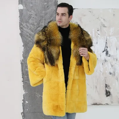 Excellent Smooth Texture Real Rex Rabbit Fur Coat With Big Raccoon Fur Collar for Men