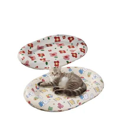 Ellipse Pet Bed Washable Cat Bed Summer Dog Bed Cooling With Rabbit Flower Pattern M/L