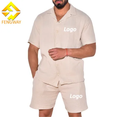 Fengway Custom Men's Summer Outfits Cotton-Linen Plain Two Piece Set Button up Casual Shirt and Shorts Manufacturer Direct