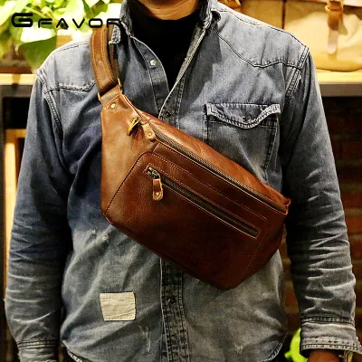 Genuine Leather Custom Waterproof Outdoor Travel Cattlehide Chest Casual Men Bags Supplier Shoulder Waist Mens Chest Bag