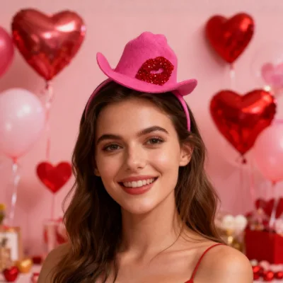 Valentine's Day Pink Diamond-encrusted 100% Cotton Women's Headband Red Lips Mini Cowboy Hat Winter Party Decoration Headwear