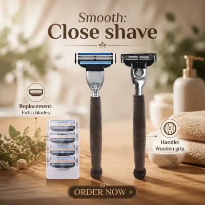 Men's Triple Blade Stainless Steel Safety Razor with Wooden Handle-Eco-Friendly Face Shaver